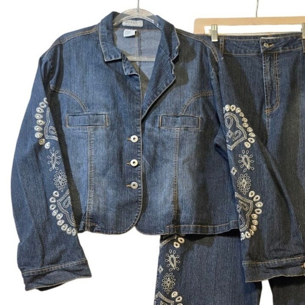 Jamie Nicole Women Embroidered Denim Jacket Pants Set Ramie Cotton Blue 24 - Picture 4 of 10